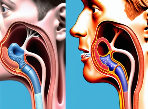 Comparison of a normal airway and an asthmatic airway showing inflammation and constriction