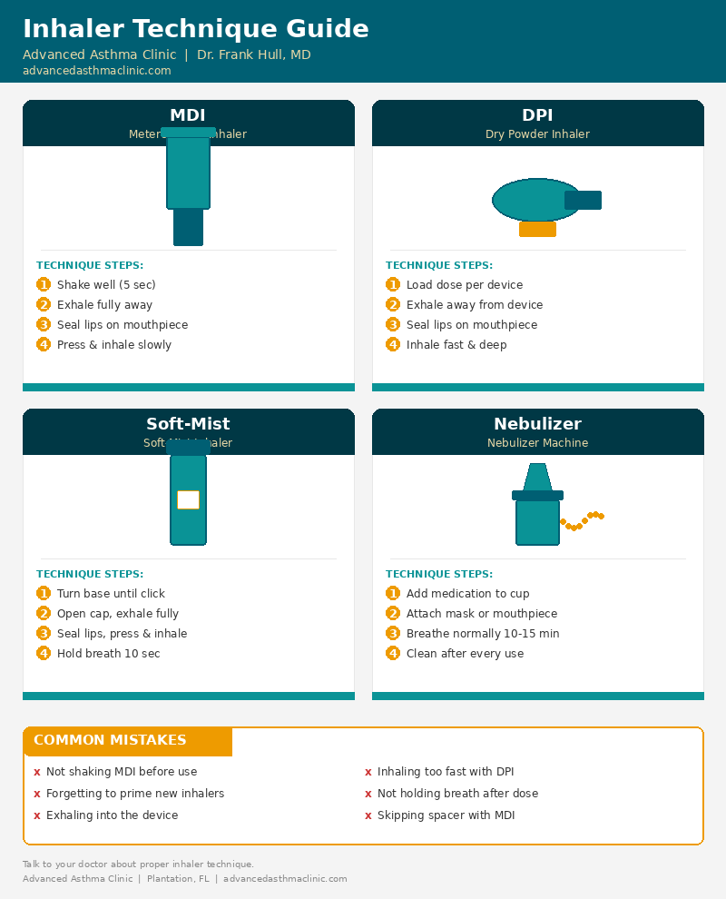 Inhaler technique comparison infographic showing correct steps for MDI, DPI, soft-mist inhaler, and nebulizer devices, including common mistakes to avoid